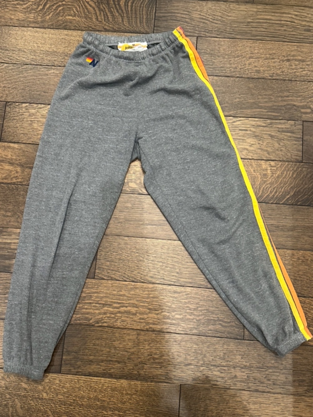 Aviator Nation Gray Joggers with Yellow Orange Red and Blue Side Stripes